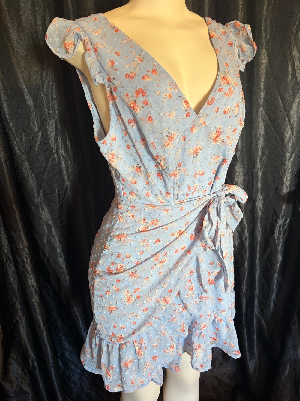 Floral Wrap Mini Dress in Light Blue with Tie Waist